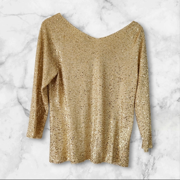 Eileen Fisher 80% Silk Cotton Sz L Vintage Gold Sequin V-Neck Top Party Evening - Picture 4 of 16